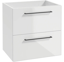 Weisser Waschtischunterschrank mit zwei Schubladen und schwarzen Griffen für das Badezimmer.