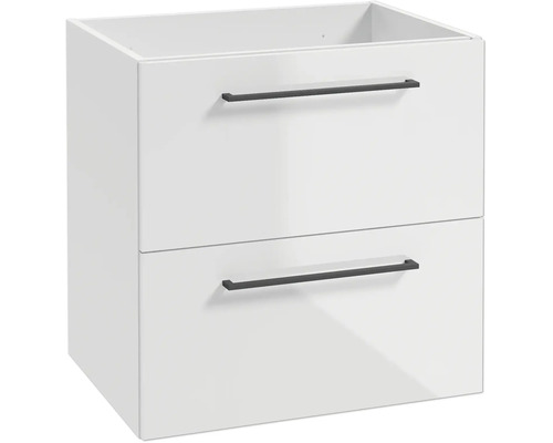 Weisser Waschtischunterschrank mit zwei Schubladen und schwarzen Griffen für das Badezimmer.