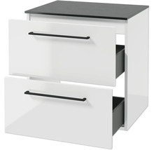 Waschtischunterschrank in Weiß-Hochglanz mit zwei Schubladen, schwarzen Griffen und dunkler Deckplatte.