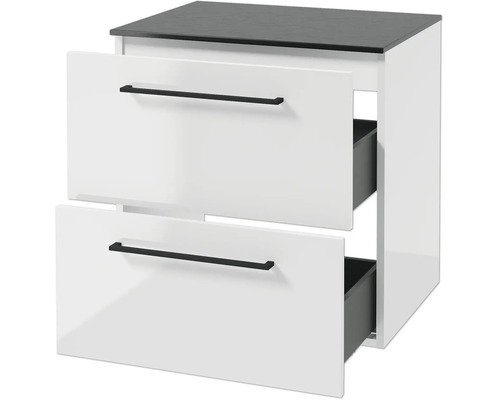 Waschtischunterschrank in Weiß-Hochglanz mit zwei Schubladen, schwarzen Griffen und dunkler Deckplatte.