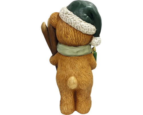 Braune Weihnachts-Dekofigur Bär aus Polyresin, Rückansicht mit grüner Weihnachtsmütze und Schal.