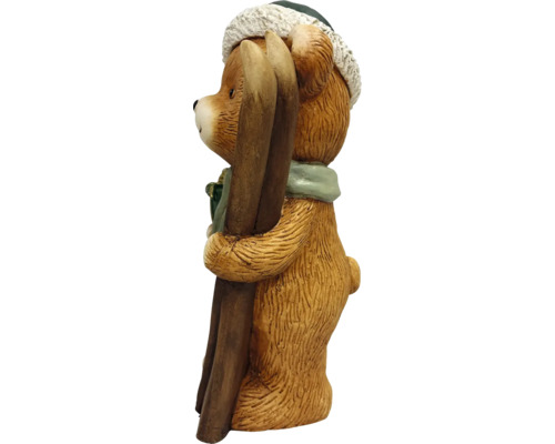 Dekofigur Bär mit Skiern, Wintermütze und Schal.