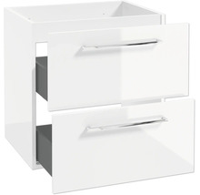 Moderner Waschtischunterschrank in Weiss mit zwei Schubladen und verchromten Griffen.