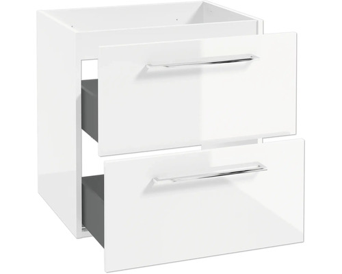 Moderner Waschtischunterschrank in Weiss mit zwei Schubladen und verchromten Griffen.