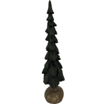 Dekorativer dunkelgrüner Tannenbaum mit strukturierter Oberfläche und braunem Sockel.