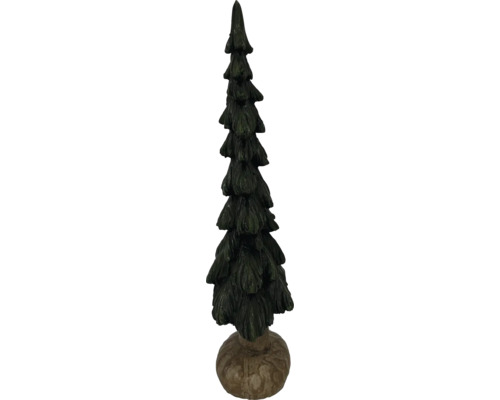 Dekorativer dunkelgrüner Tannenbaum mit strukturierter Oberfläche und braunem Sockel.