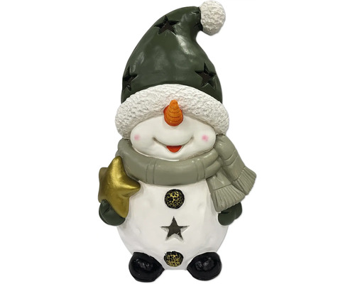 Dekorativer Schneemann mit Mütze, Schal und Stern.