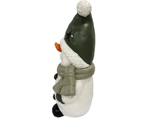 Dekofigur Schneemann aus Keramik mit grüner Mütze und grünem Schal für die Weihnachtsdekoration