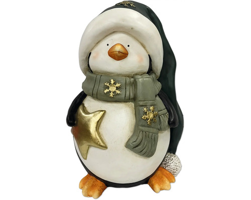 Figurine de pingouin décorative avec écharpe verte, bonnet et étoile dorée pour la décoration de Noël.