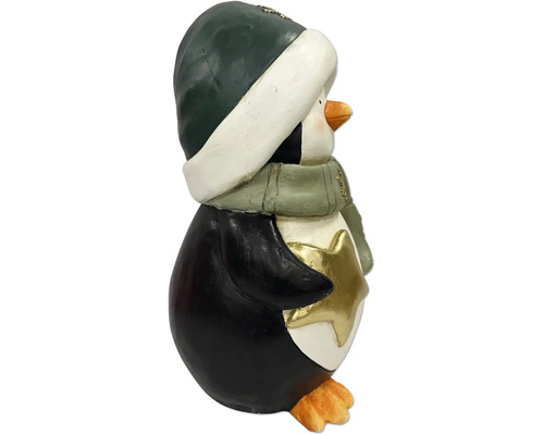 Dekofigur Pinguin aus Kunststein mit grüner Mütze, Schal und goldenem Stern, Winterdekoration.
