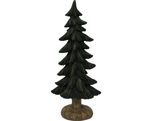 Kleine dekorative Tannenbaum-Figur aus Kunststein mit strukturierten grünen Zweigen und braunem Sockel in Holzoptik.