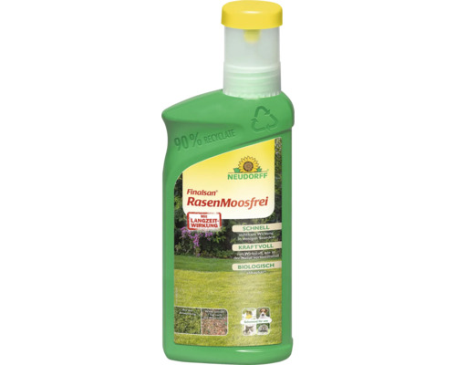 Neudorff Finalsan RasenMoosfrei Moosbekämpfungsmittel für den Rasen in einer Flasche aus 90 Prozent Recyclat, biologisch abbaubar.