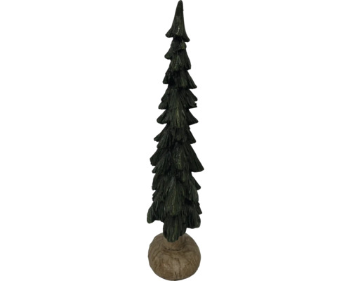 Dekorative Tannenbaum-Figur mit strukturierten grünen Zweigen auf einem runden braunen Sockel.