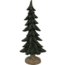 Dekorative dunkelgrüne Tanne aus Polyresin mit braunem Sockel für die Weihnachtsdekoration.
