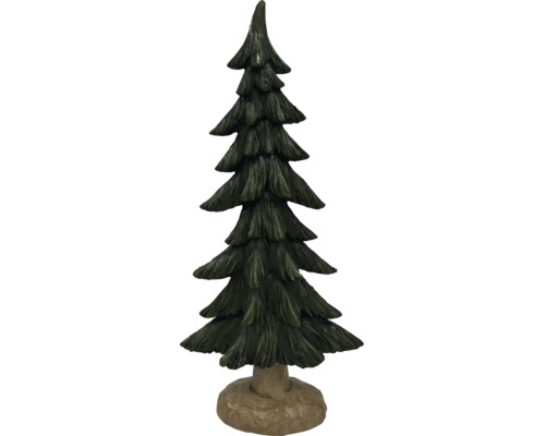 Dekorative dunkelgrüne Tanne aus Polyresin mit braunem Sockel für die Weihnachtsdekoration.