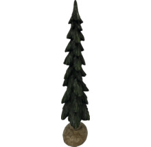 Grüner dekorativer Tannenbaum in stilisierter Form mit strukturierter Oberfläche auf braunem, rundem Sockel.