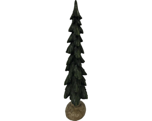 Grüner dekorativer Tannenbaum in stilisierter Form mit strukturierter Oberfläche auf braunem, rundem Sockel.
