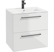 Waschtischunterschrank in Weiss mit zwei Schubladen, schwarzen Griffen, integriertem Waschbecken und schwarzer Armatur.