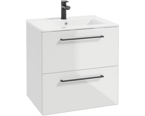 Waschtischunterschrank in Weiss mit zwei Schubladen, schwarzen Griffen, integriertem Waschbecken und schwarzer Armatur.