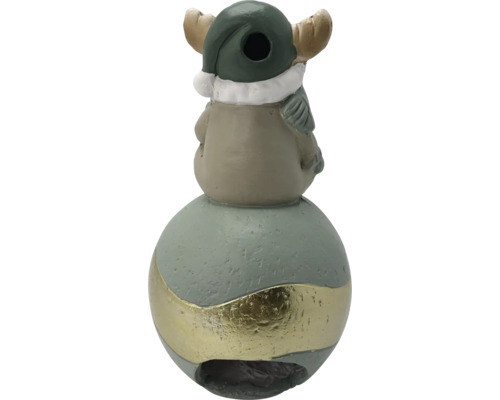 Figurine de Noël en céramique, élan assis sur une boule avec une bande dorée.