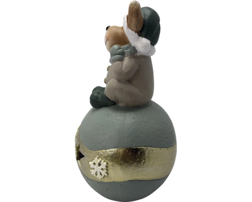 Figurine de Noël en pierre synthétique, animal avec bonnet et écharpe sur une boule avec bande et motif de flocon de neige