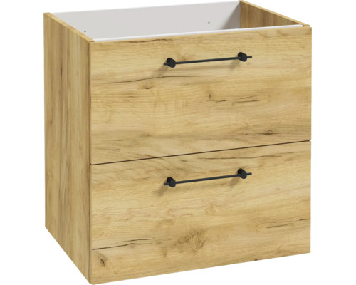 Waschtischunterschrank in Eichenoptik mit zwei Schubladen und dünnen, schwarzen Metallgriffen.