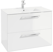 Waschbeckenunterschrank in Weiss mit zwei Schubladen, integriertem Waschbecken und verchromter Armatur.