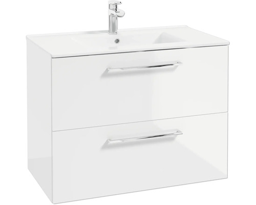 Waschbeckenunterschrank in Weiss mit zwei Schubladen, integriertem Waschbecken und verchromter Armatur.