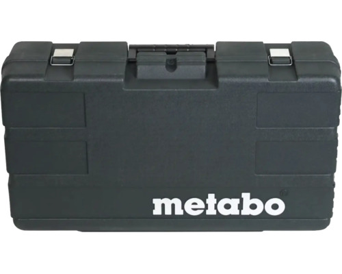Coffret de transport Metabo en plastique robuste avec fermetures métalliques pour un transport sûr.