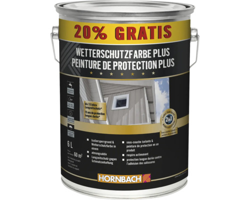 Hornbach Wetterschutzfarbe Plus 6 Liter, 2 in 1 Isoliersperrgrund und Wetterschutzfarbe für Holz im Außenbereich mit Langzeitschutz.