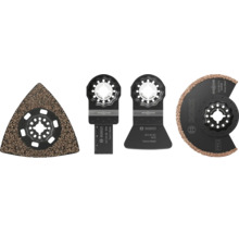Set de quatre lames oscillantes Starlock Bosch pour diverses tâches de découpe et de ponçage.