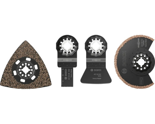 Set de quatre lames oscillantes Starlock Bosch pour diverses tâches de découpe et de ponçage.