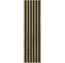 Panneau acoustique avec lattes en bois verticales aspect chêne et feutre noir.