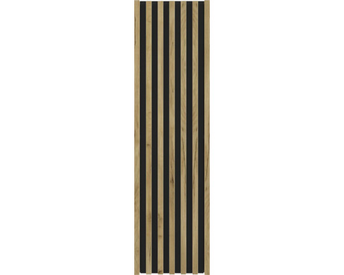 Panneau acoustique avec lattes en bois verticales aspect chêne et feutre noir.