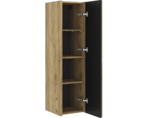 Armoire haute moderne aspect chêne avec porte ouverte, trois étagères et grand espace de rangement.
