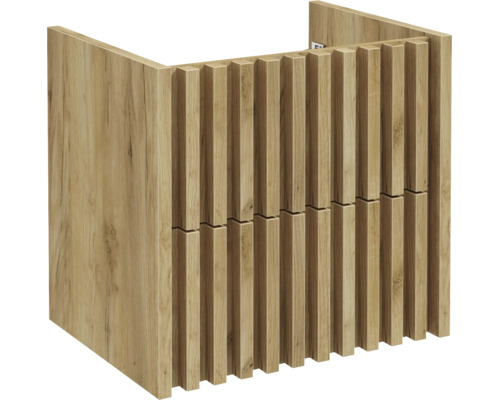 Waschtischunterschrank in Holzoptik mit moderner Lamellenfront und zwei Schubladen für das Badezimmer.