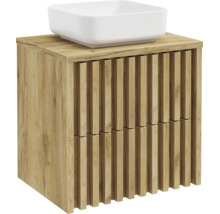 Waschtischunterschrank in Holzoptik mit Lamellenfront und Aufsatzwaschbecken