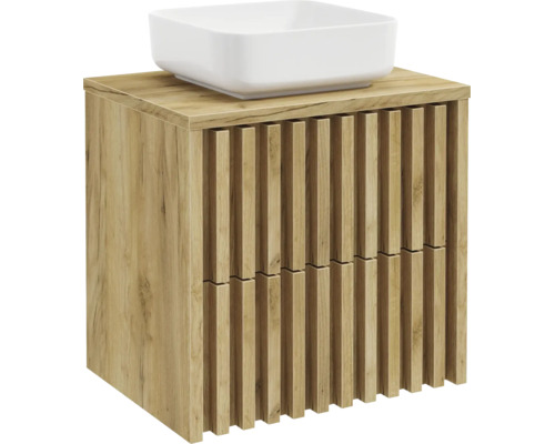 Waschtischunterschrank in Holzoptik mit Lamellenfront und Aufsatzwaschbecken