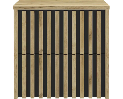 Façade d'armoire moderne avec lattes de bois verticales et structure en bois.