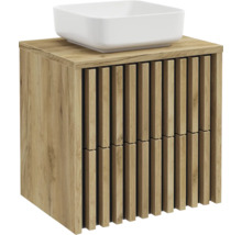 Meuble sous-vasque en bois avec façade à lamelles et vasque à poser.