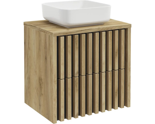 Meuble sous-vasque en bois avec façade à lamelles et vasque à poser.