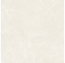 Quadratische Feinsteinzeugfliese in Beige mit Marmor-Optik.