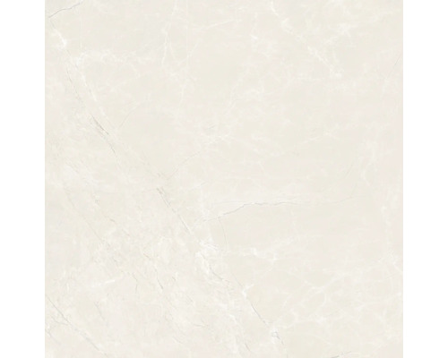 Quadratische Feinsteinzeugfliese in Beige mit Marmor-Optik.
