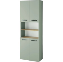 Armoire haute avec quatre portes et deux étagères ouvertes, façades en vert sauge, poignées noires, étagères en aspect bois.