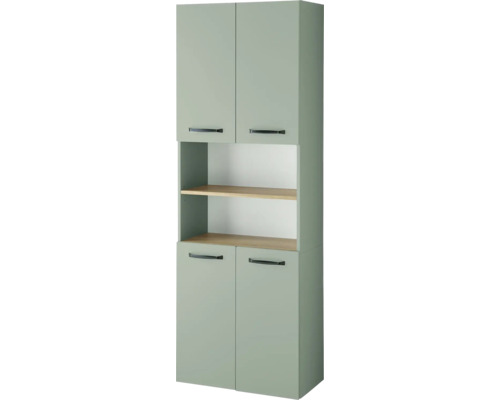 Armoire haute avec quatre portes et deux étagères ouvertes, façades en vert sauge, poignées noires, étagères en aspect bois.