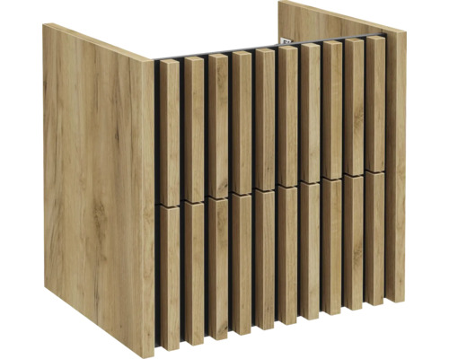Meuble sous-vasque moderne aspect chêne avec une façade en lattes de bois verticales.