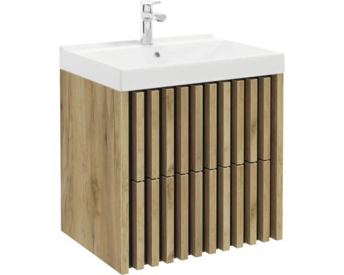 Meuble sous-vasque aspect bois avec lamelles verticales, comprenant une vasque blanche et un robinet chromé.
