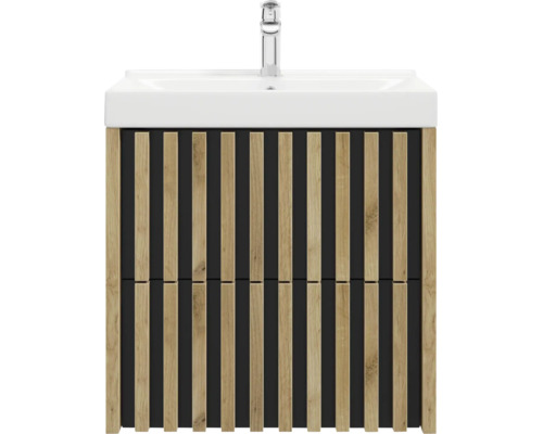 Meuble sous-vasque moderne aspect bois avec lamelles verticales, comprenant une vasque blanche et un robinet chromé.