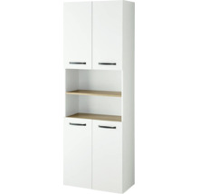 Armoire haute avec quatre portes et deux compartiments ouverts, façades blanches, étagères aspect bois et poignées noires.
