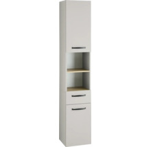 Armoire haute de salle de bain avec une porte en haut, niche ouverte avec deux étagères, un tiroir et une porte en bas, gris clair.